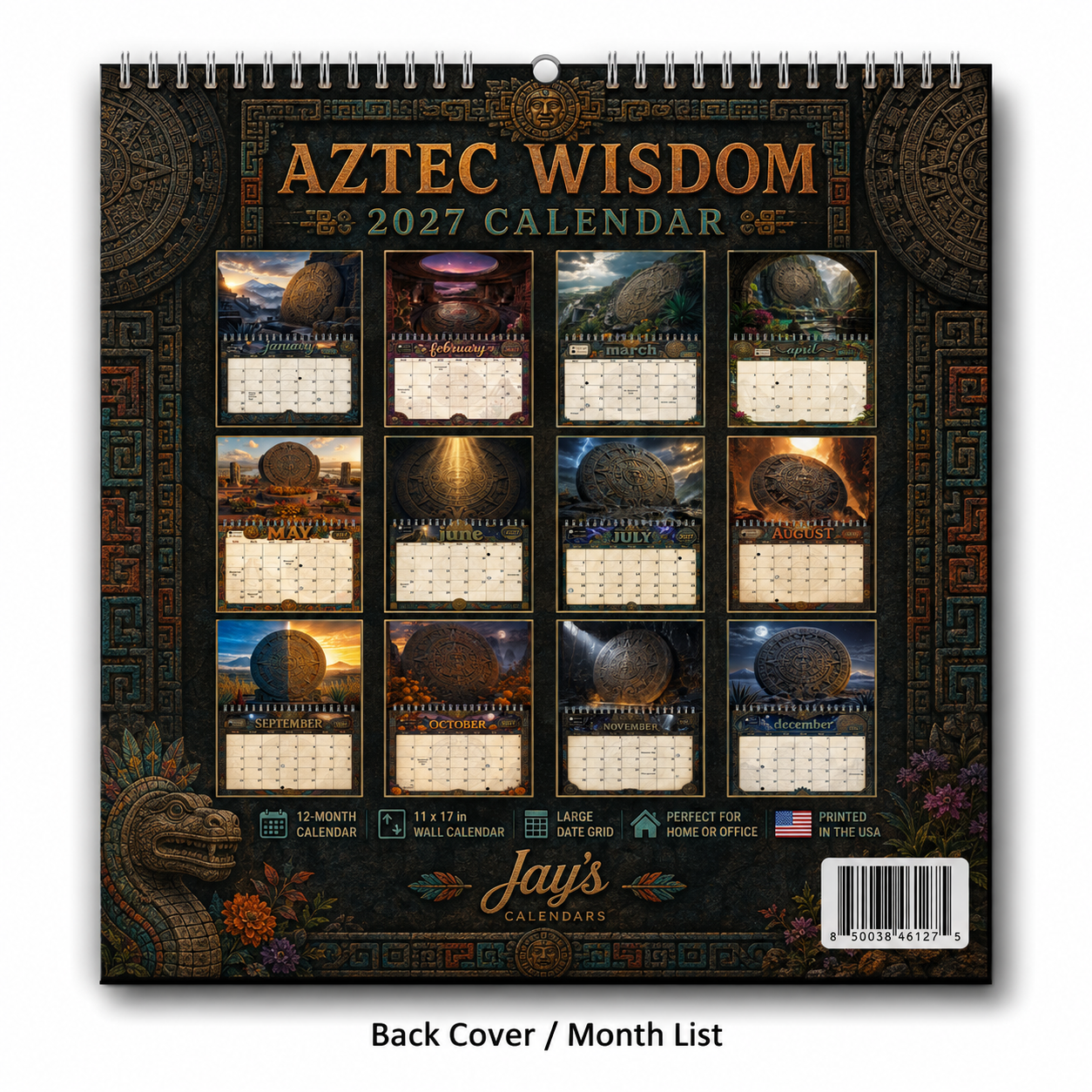 Back cover of the Aztec Sun Stone 2027 wall calendar showing thumbnails of all twelve monthly Aztec sun stone artworks