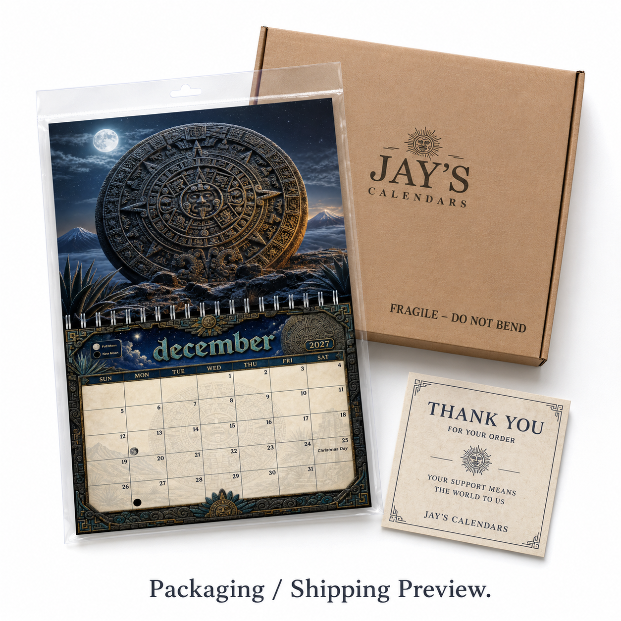 Aztec Sun Stone 2027 wall calendar in a protective sleeve with the Jay's Calendars rigid mailer and thank-you card