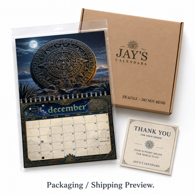 Aztec Sun Stone 2027 wall calendar in a protective sleeve with the Jay's Calendars rigid mailer and thank-you card
