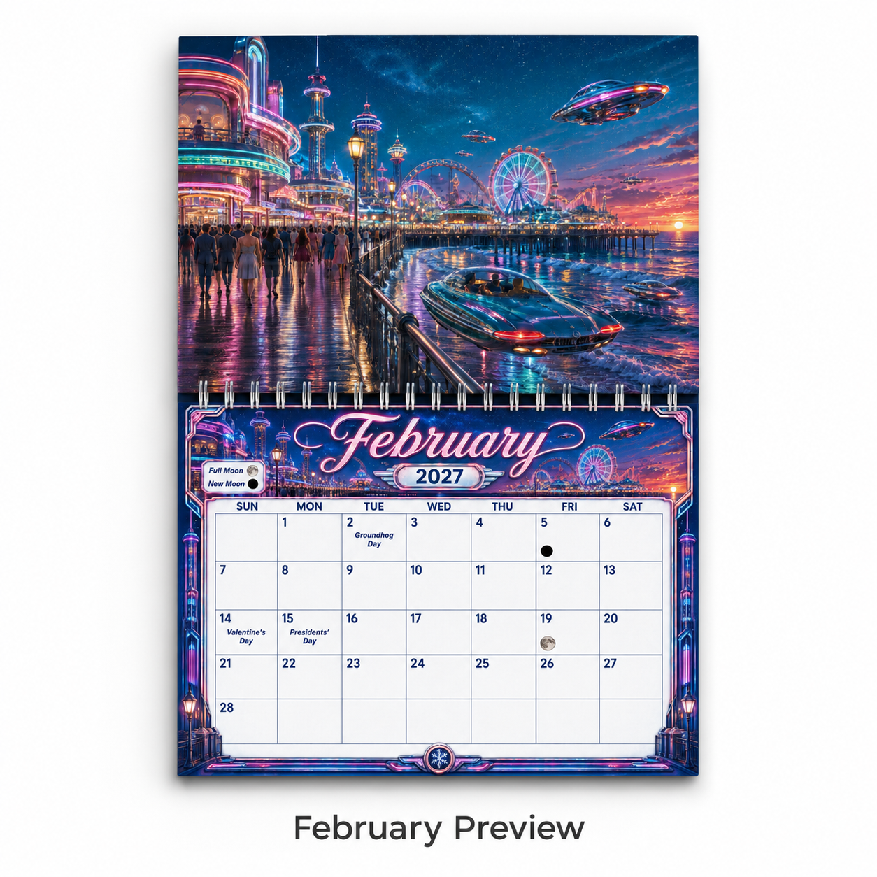 February 2027 calendar page from the Retro Future America wall calendar, showing a neon-lit retro-futuristic boardwalk and pier at sunset with a flying UFO