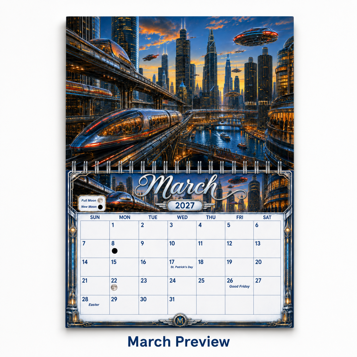 March 2027 calendar page from the Retro Future America wall calendar, showing an elevated monorail winding through a futuristic Chicago skyline