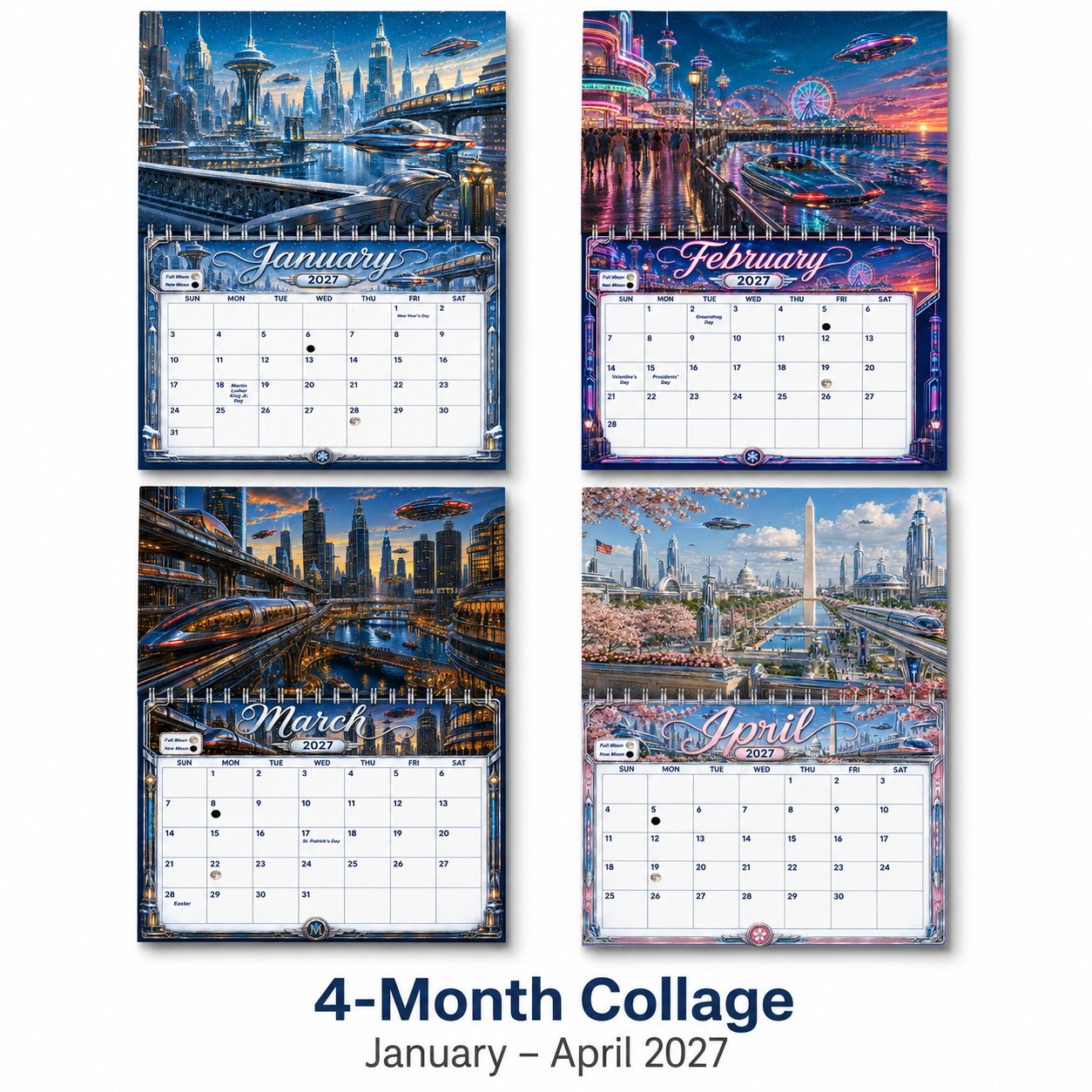Four-month collage preview, January through April 2027, of calendar pages from the Retro Future America wall calendar