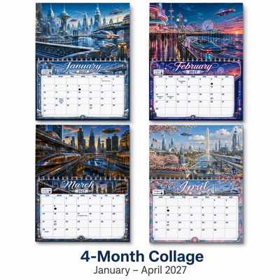 Four-month collage preview, January through April 2027, of calendar pages from the Retro Future America wall calendar