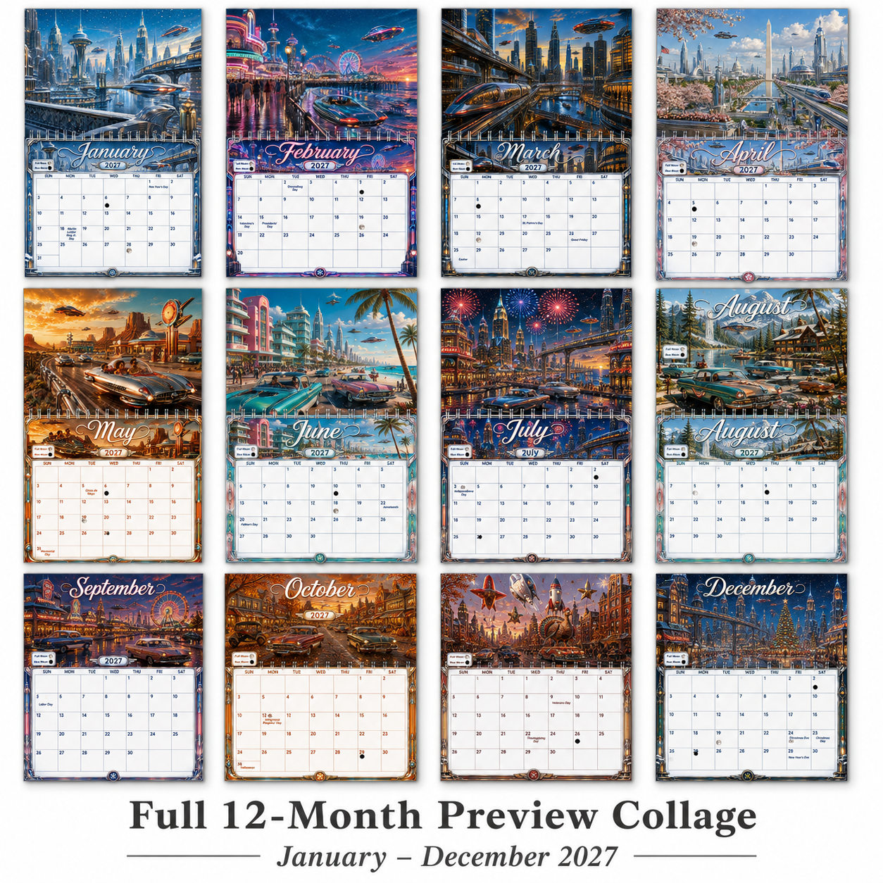 Full twelve-month preview collage of all 2027 calendar pages in the Retro Future America wall calendar