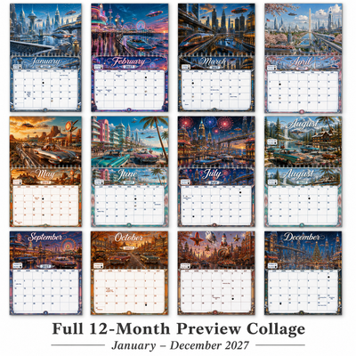 Full twelve-month preview collage of all 2027 calendar pages in the Retro Future America wall calendar