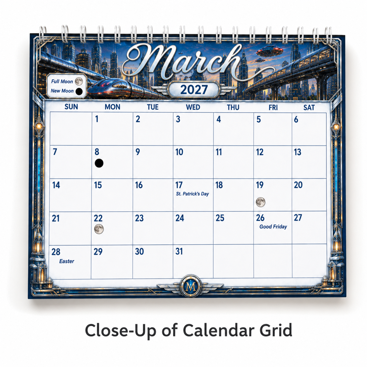 Close-up of the March 2027 date grid in the Retro Future America wall calendar, showing U.S. holidays and full moon and new moon icons