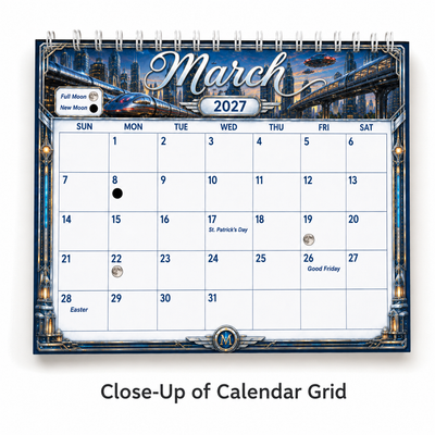 Close-up of the March 2027 date grid in the Retro Future America wall calendar, showing U.S. holidays and full moon and new moon icons
