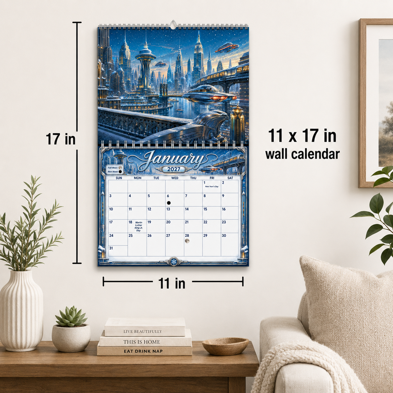 Retro Future America 2027 wall calendar hung on a wall showing its 11 by 17 inch size