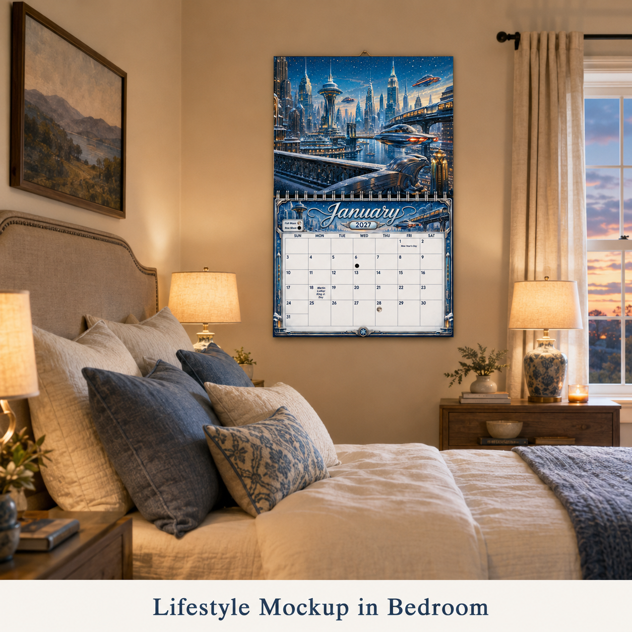 Retro Future America 2027 wall calendar displayed on a bedroom wall above a nightstand
