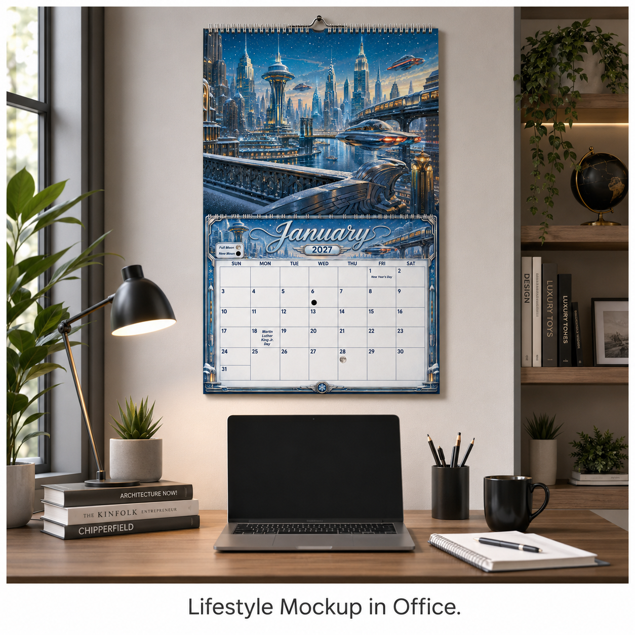 Retro Future America 2027 wall calendar displayed on an office wall above a desk with a laptop