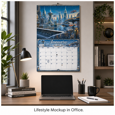 Retro Future America 2027 wall calendar displayed on an office wall above a desk with a laptop