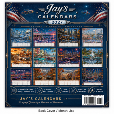 Back cover of the Retro Future America 2027 wall calendar showing thumbnail previews of all twelve months and product details