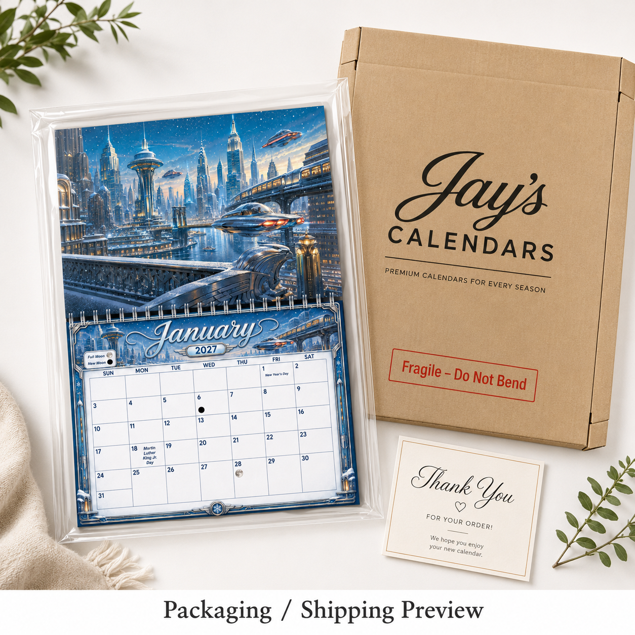 Retro Future America 2027 wall calendar shown in its protective packaging next to the Jay's Calendars shipping box and thank-you card