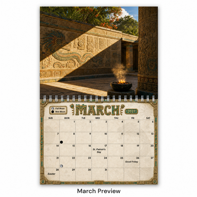 March 2027 calendar page from the Ancient Mayan Wall Calendar, showing a carved stone courtyard with a feathered serpent relief and a ceremonial fire bowl