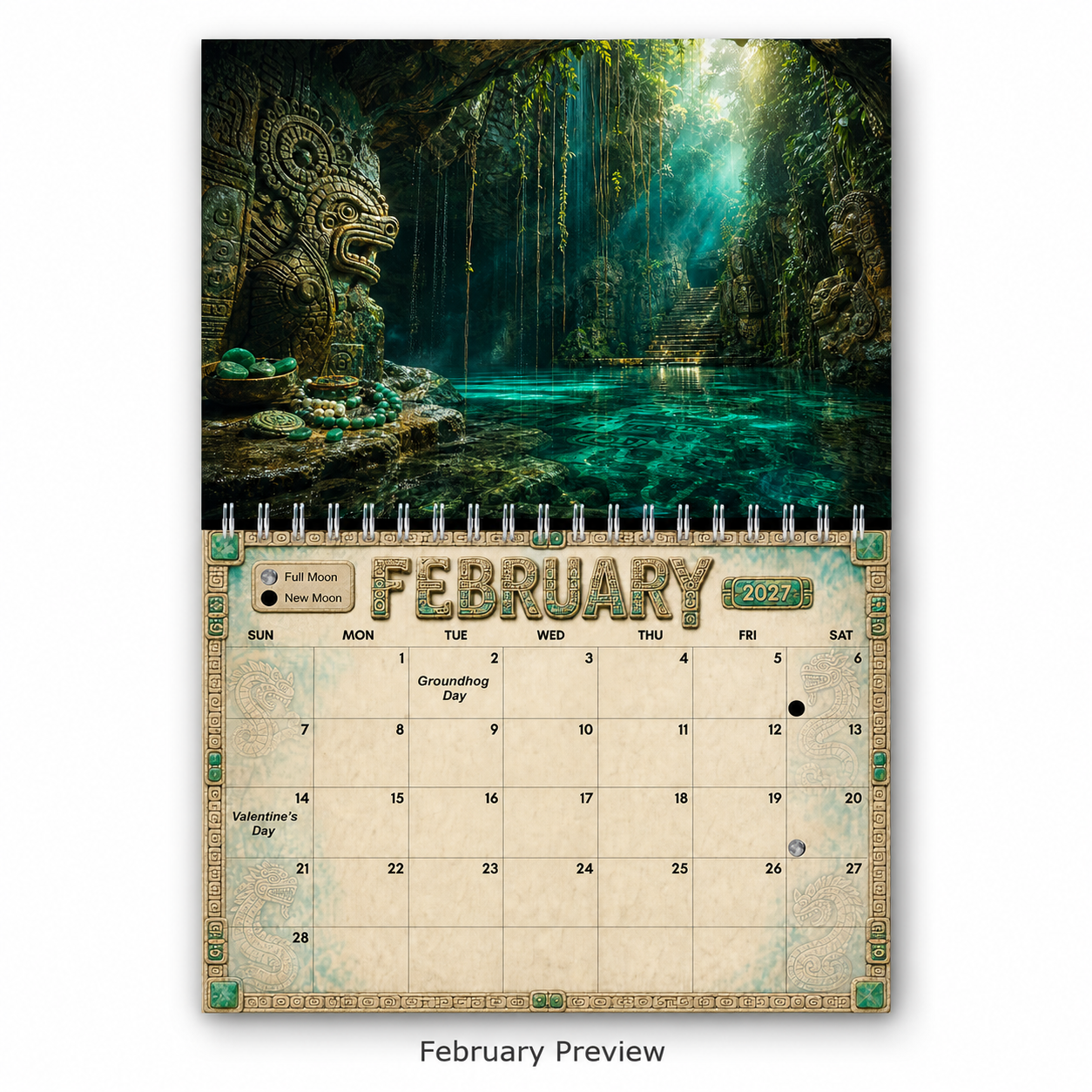 February 2027 calendar page from the Ancient Mayan Wall Calendar, showing a jungle cenote with glowing turquoise water and carved stone jaguar guardians