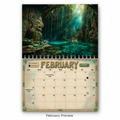February 2027 calendar page from the Ancient Mayan Wall Calendar, showing a jungle cenote with glowing turquoise water and carved stone jaguar guardians