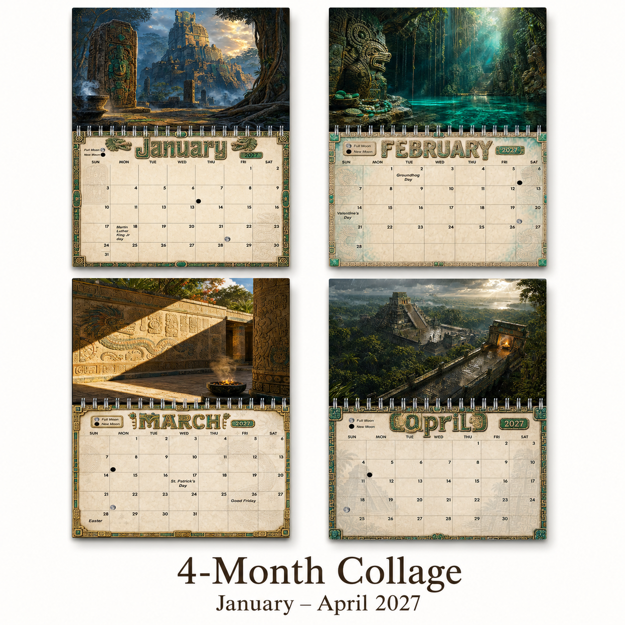 Four-month collage preview, January through April 2027, of calendar pages from the Ancient Mayan Wall Calendar