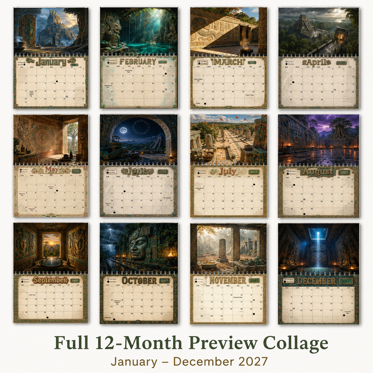 Full twelve-month preview collage of all 2027 calendar pages in the Ancient Mayan Wall Calendar