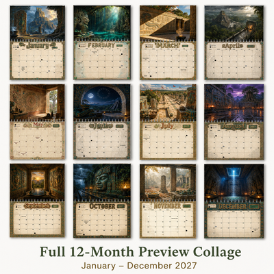 Full twelve-month preview collage of all 2027 calendar pages in the Ancient Mayan Wall Calendar