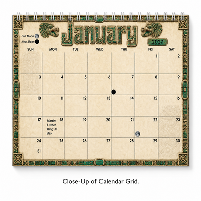 Close-up of the January 2027 date grid in the Ancient Mayan Wall Calendar, showing U.S. holidays and full moon and new moon icons