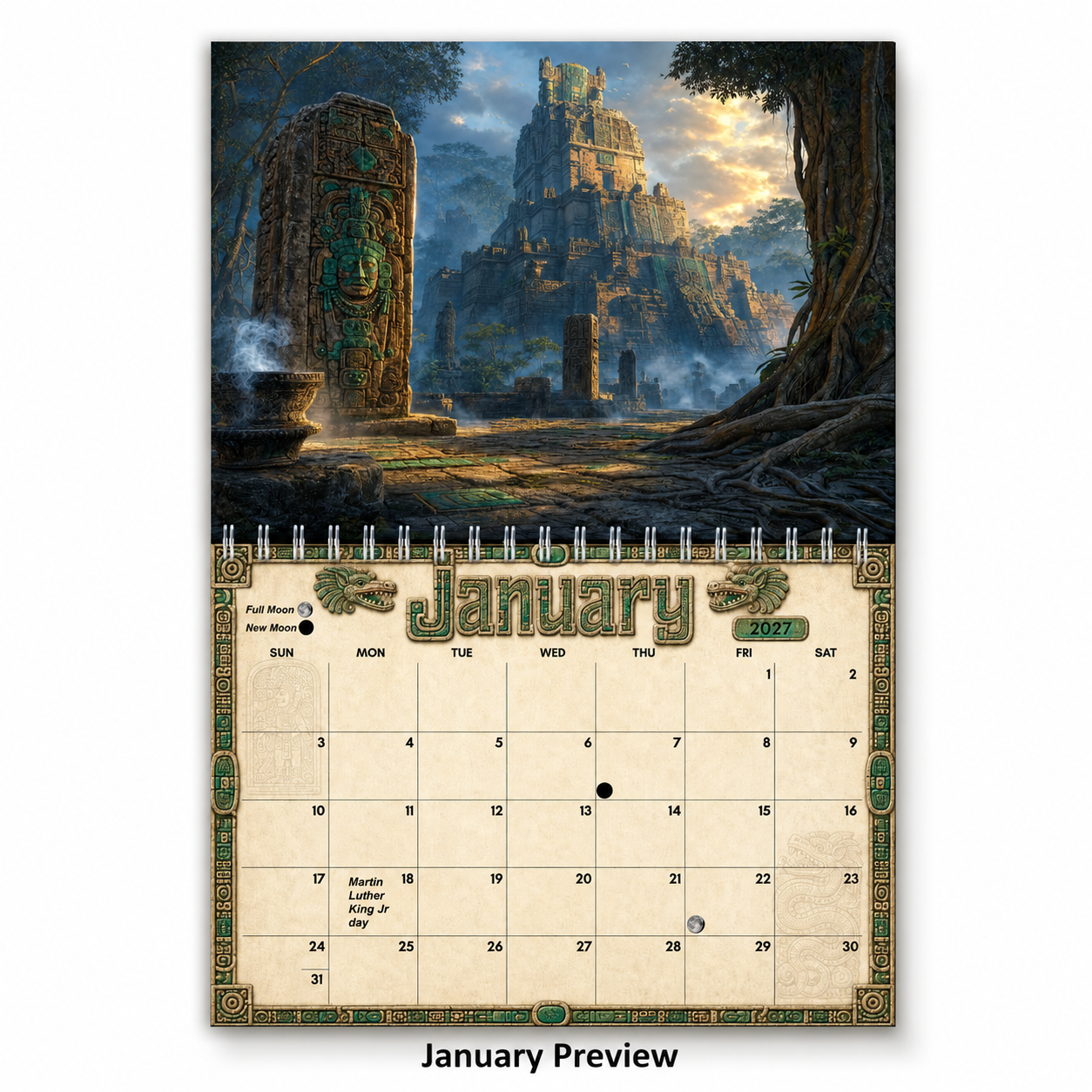 January 2027 calendar page from the Ancient Mayan Wall Calendar, showing a stone temple pyramid rising through jungle mist at dawn
