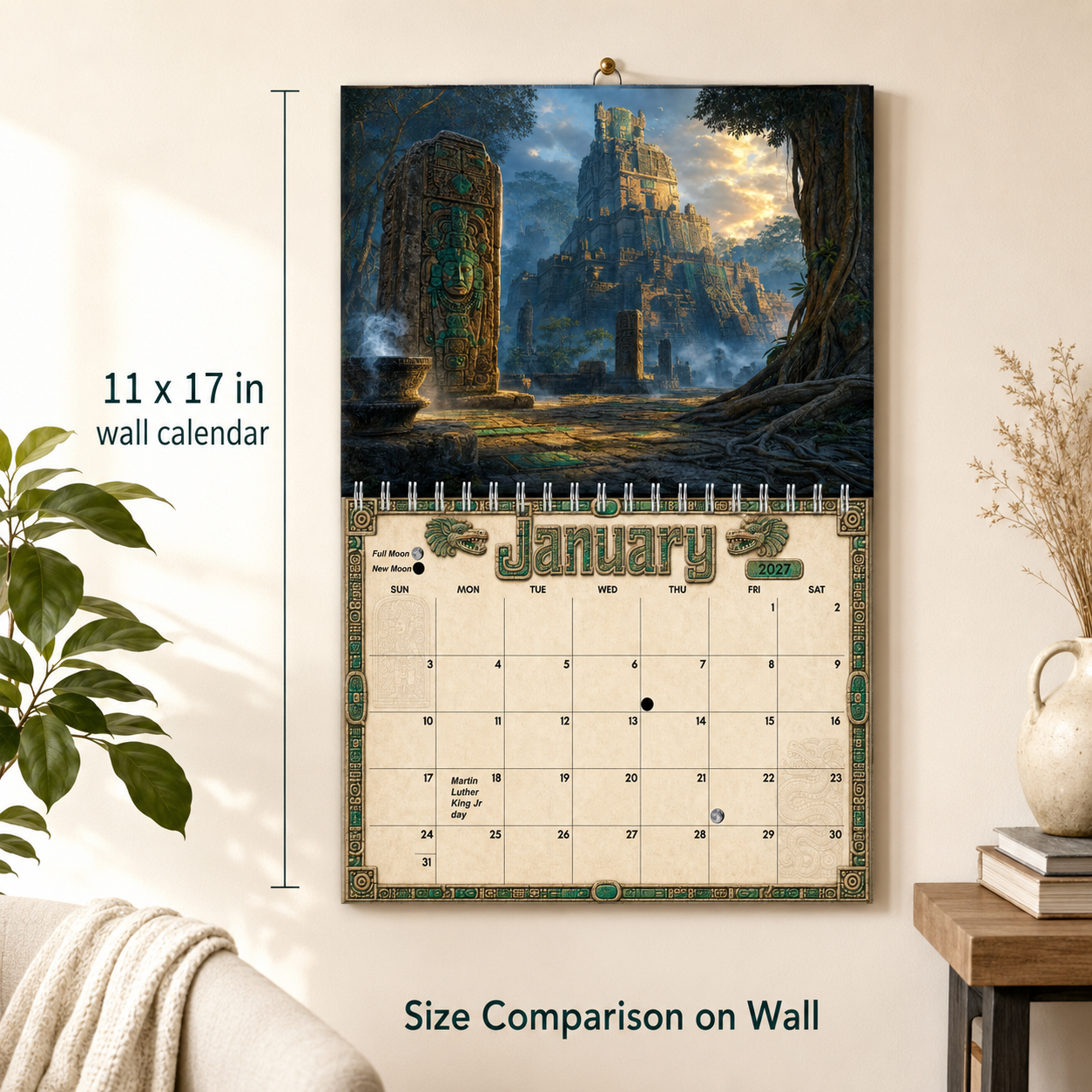 Ancient Mayan Wall Calendar 2027 hung on a wall showing its 11 by 17 inch size