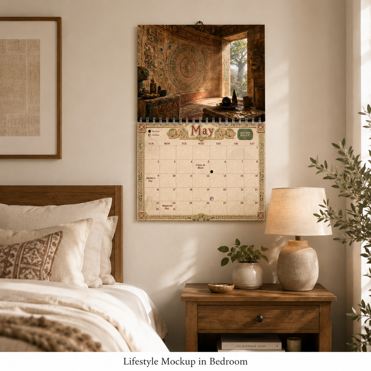 Ancient Mayan Wall Calendar 2027 displayed on a bedroom wall above a nightstand