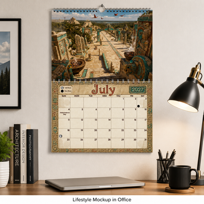 Ancient Mayan Wall Calendar 2027 displayed on an office wall above a desk with a laptop