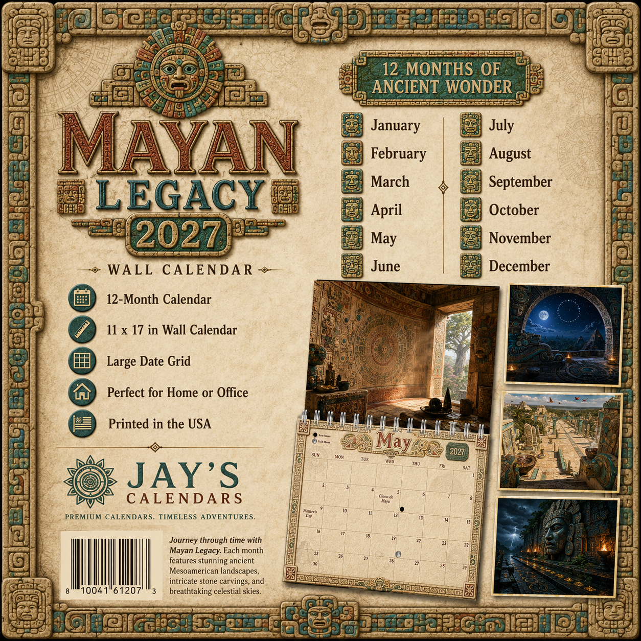 Back cover of the Ancient Mayan Wall Calendar 2027, branded Mayan Legacy, showing thumbnail previews of all twelve months and product details