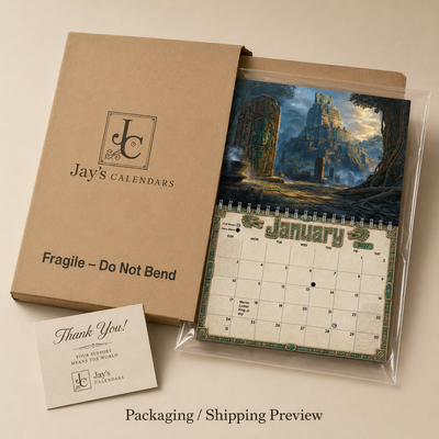 Ancient Mayan Wall Calendar 2027 shown in its protective packaging next to the Jay's Calendars shipping box and thank-you card
