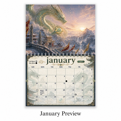 January 2027 calendar page from the Dragons of China wall calendar, showing an emerald dragon coiling over a snow-capped mountain palace at sunrise