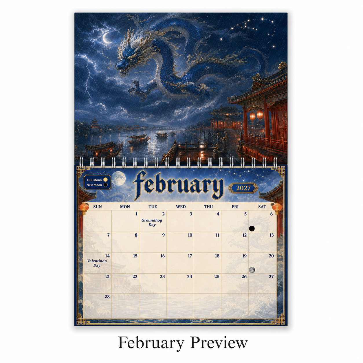 February 2027 calendar page from the Dragons of China wall calendar, showing an indigo storm dragon over a lantern-lit canal at night