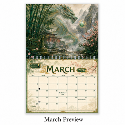 March 2027 calendar page from the Dragons of China wall calendar, showing a jade dragon winding through a bamboo grove and cherry blossoms