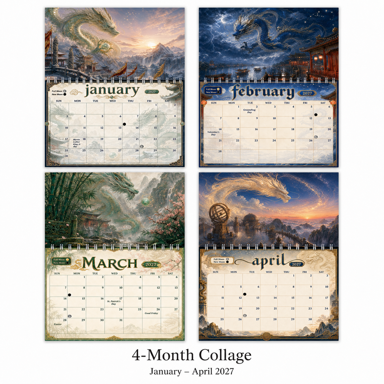 Four-month collage preview, January through April 2027, of calendar pages from the Dragons of China wall calendar