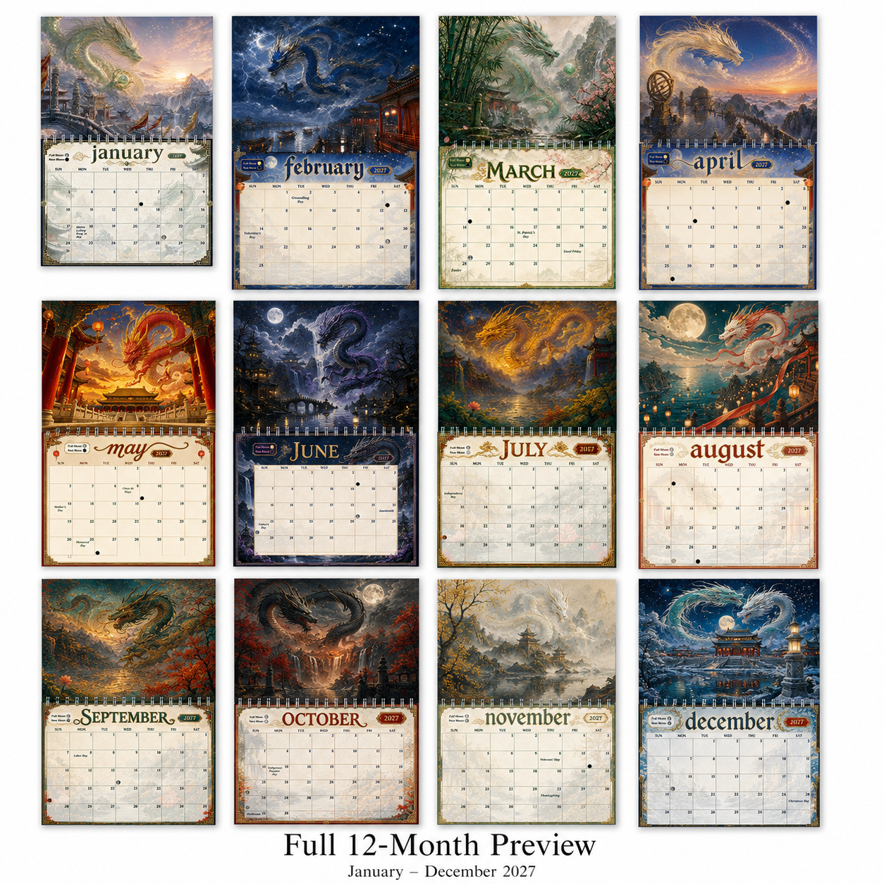 Full twelve-month preview of all 2027 calendar pages in the Dragons of China wall calendar