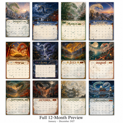 Full twelve-month preview of all 2027 calendar pages in the Dragons of China wall calendar