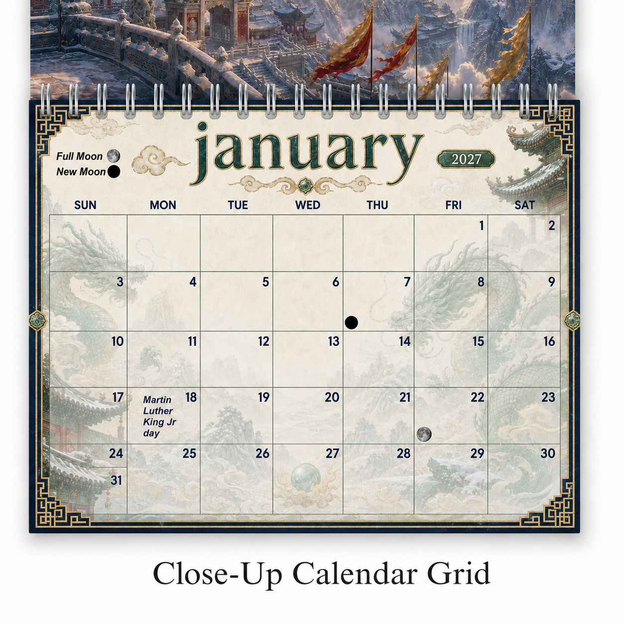 Close-up of the January 2027 date grid in the Dragons of China wall calendar, showing U.S. holidays and full moon and new moon icons