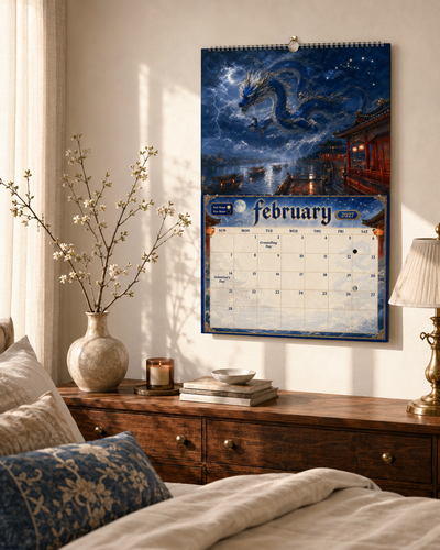 Dragons of China 2027 wall calendar displayed on a bedroom wall above a dresser