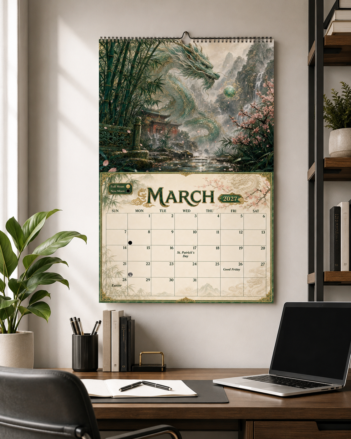 Dragons of China 2027 wall calendar displayed on an office wall above a desk with a laptop