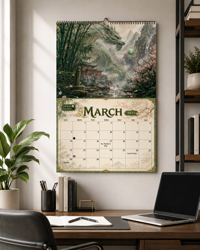 Dragons of China 2027 wall calendar displayed on an office wall above a desk with a laptop
