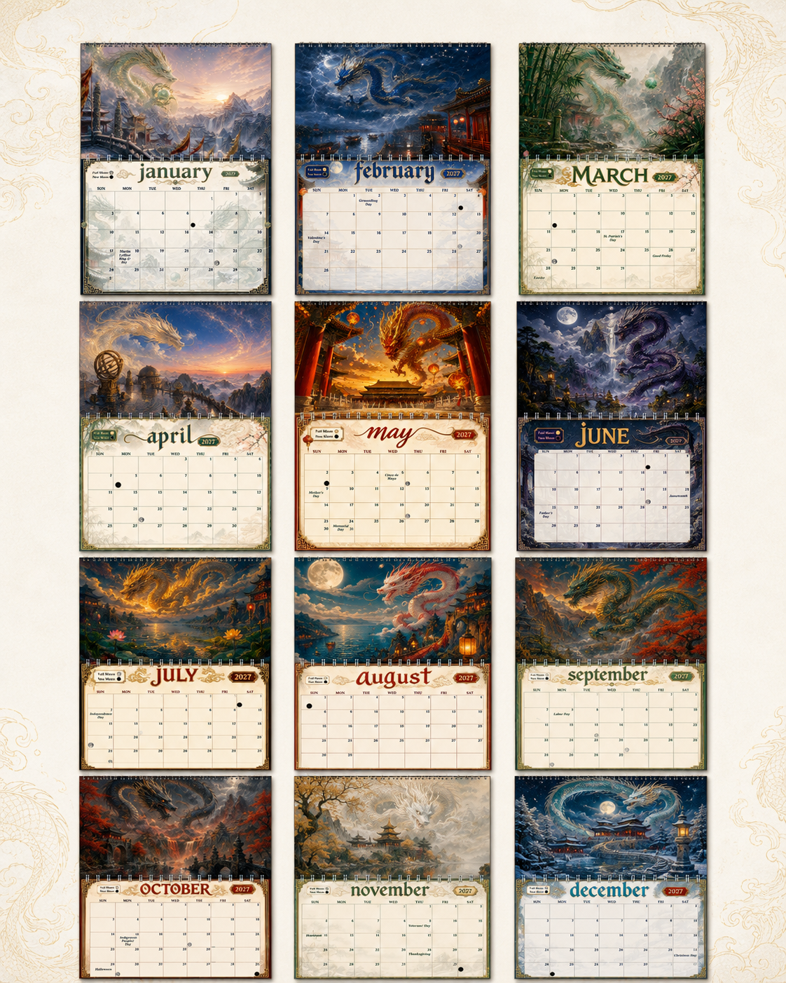 Full twelve-month preview collage of all 2027 calendar pages in the Dragons of China wall calendar, bordered in gold dragon motifs