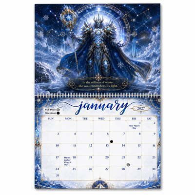 January 2027 calendar page from the Guardians of Time wall calendar, featuring the Winter Guardian in ice-blue armor beneath a starry sky