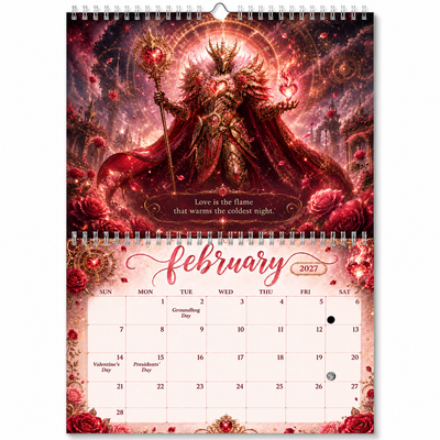 February 2027 calendar page from the Guardians of Time wall calendar, featuring the Ember Guardian in rose-red armor surrounded by roses
