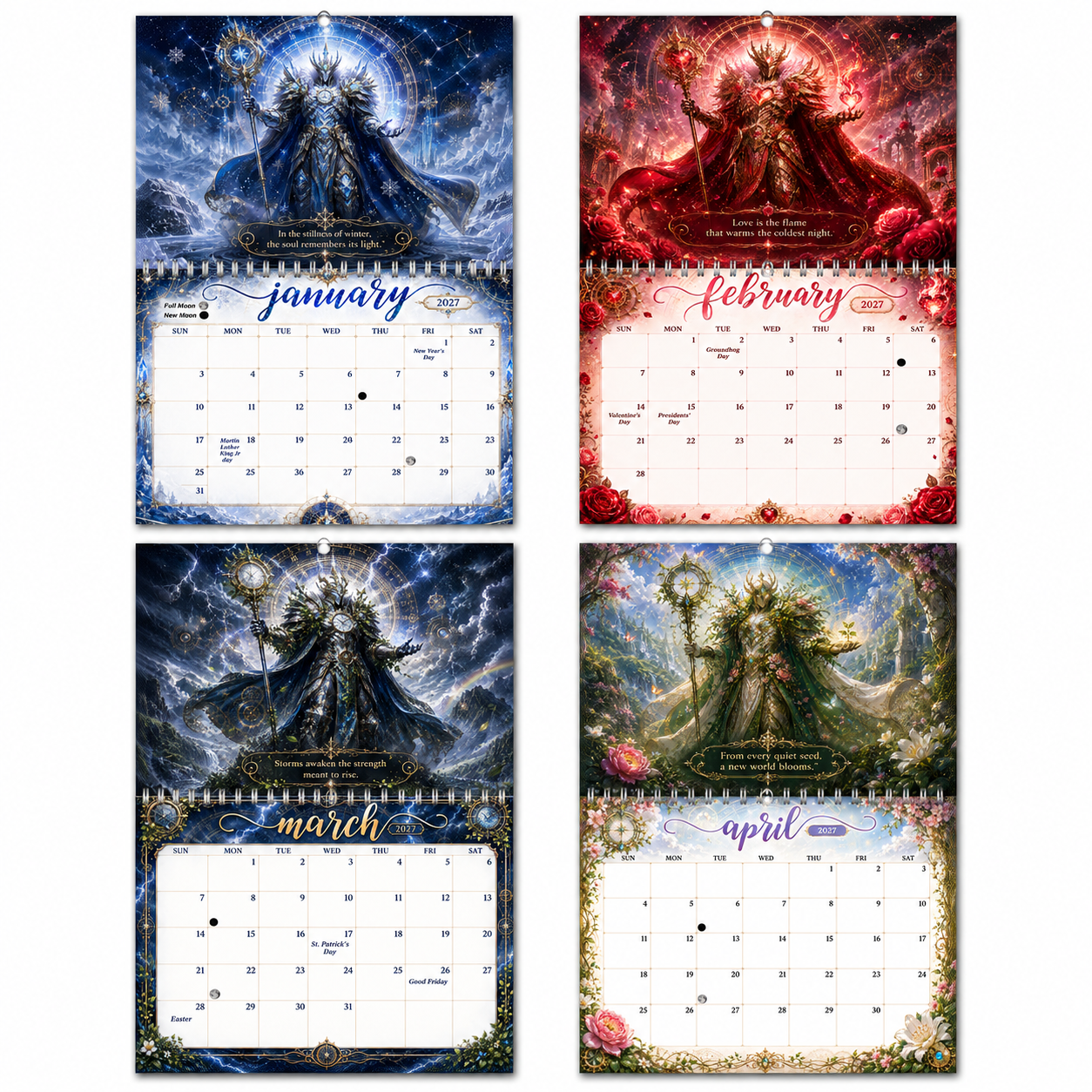 Four-month collage preview, January through April 2027, of calendar pages from the Guardians of Time wall calendar