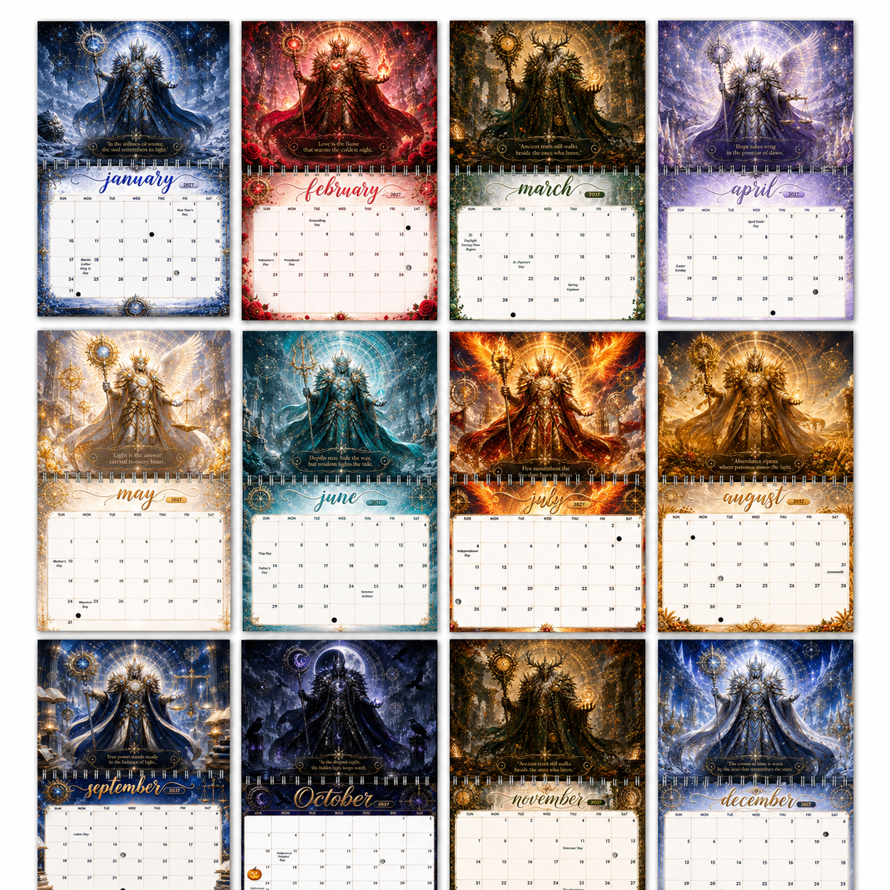 Full twelve-month preview of all 2027 calendar pages in the Guardians of Time wall calendar, showing each month's armored guardian