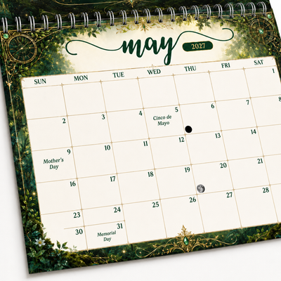 Close-up of the May 2027 date grid in the Guardians of Time wall calendar, framed in green ivy and gold, showing U.S. holidays and moon phases