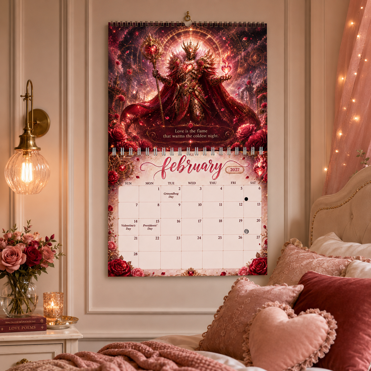 Guardians of Time 2027 wall calendar displayed on a bedroom wall above a nightstand with roses and candlelight
