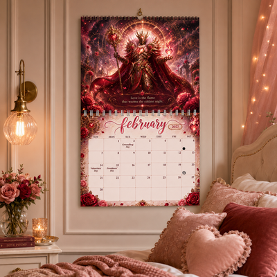Guardians of Time 2027 wall calendar displayed on a bedroom wall above a nightstand with roses and candlelight