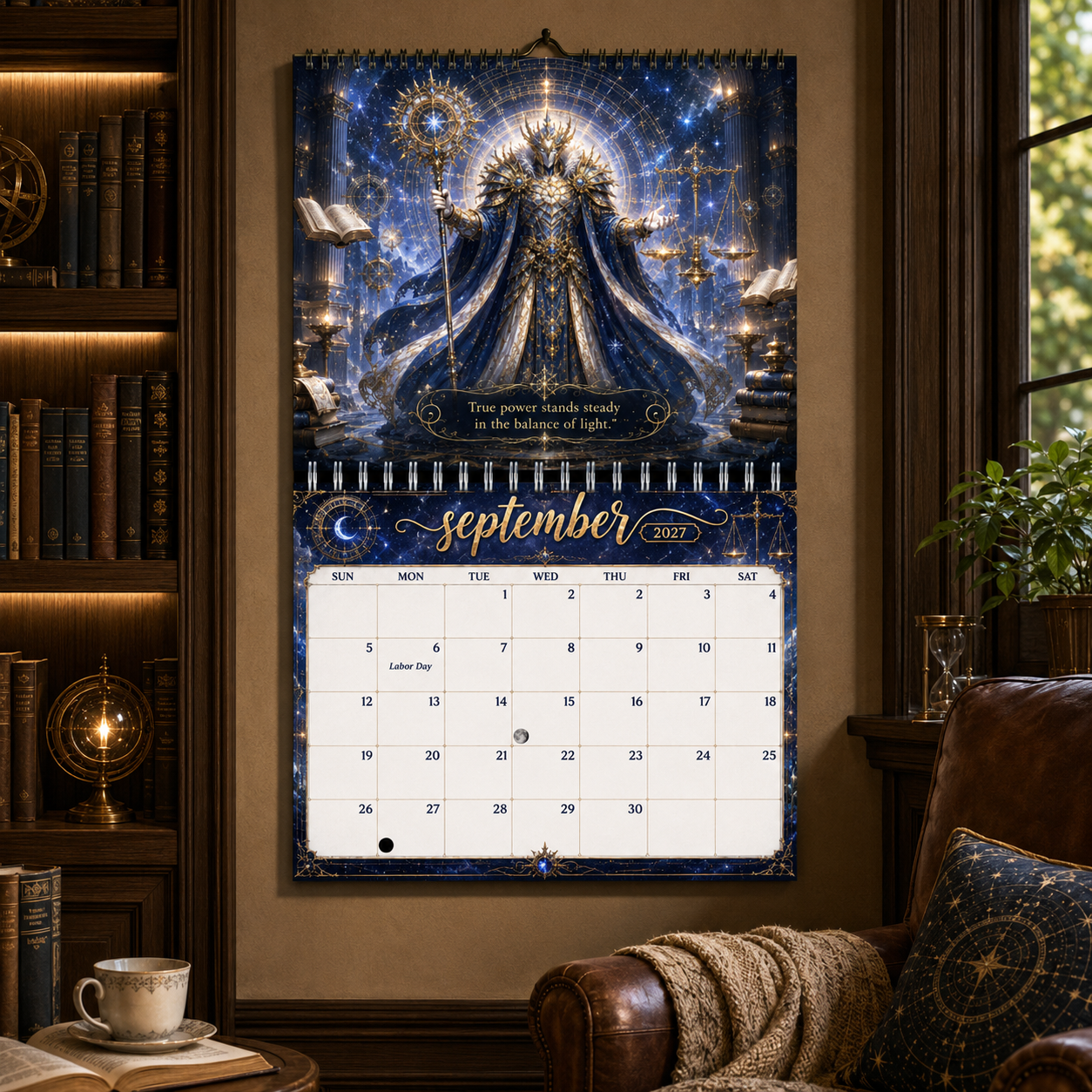 Guardians of Time 2027 wall calendar displayed on a study wall surrounded by bookshelves and a leather armchair