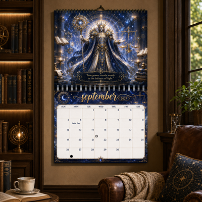 Guardians of Time 2027 wall calendar displayed on a study wall surrounded by bookshelves and a leather armchair